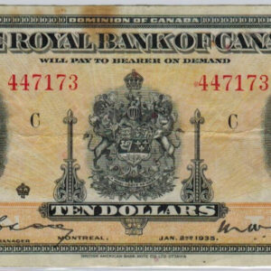 1935 – 10 dollars Paper Money – F+ – Bank royal of Canada