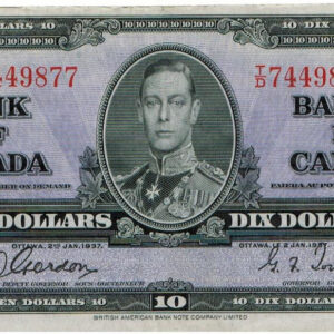 1937 – Billet 10 dollars – EF+ – Banque du Canada